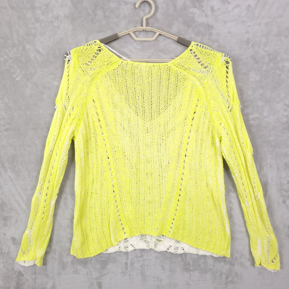 Free People Pullover Sweater Small Spray Highlighter Neon Cable Knit Boho Grunge - Picture 2 of 12